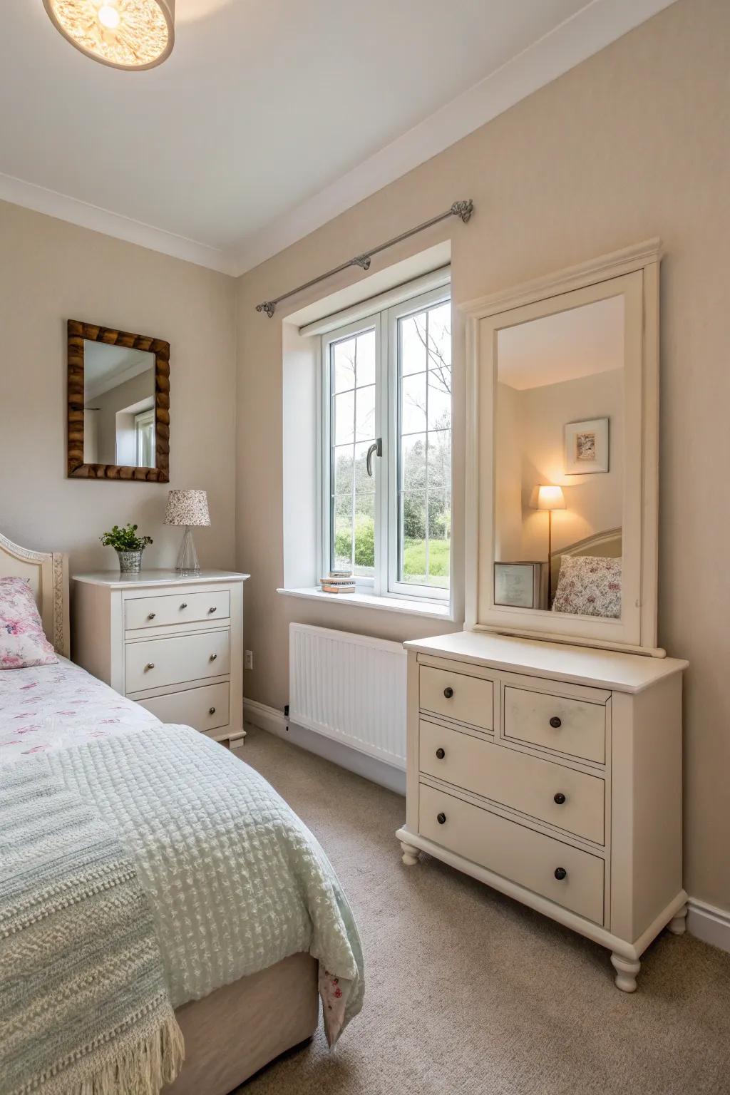 Subtle neutrals can amplify light and create an airy feel in a compact space.