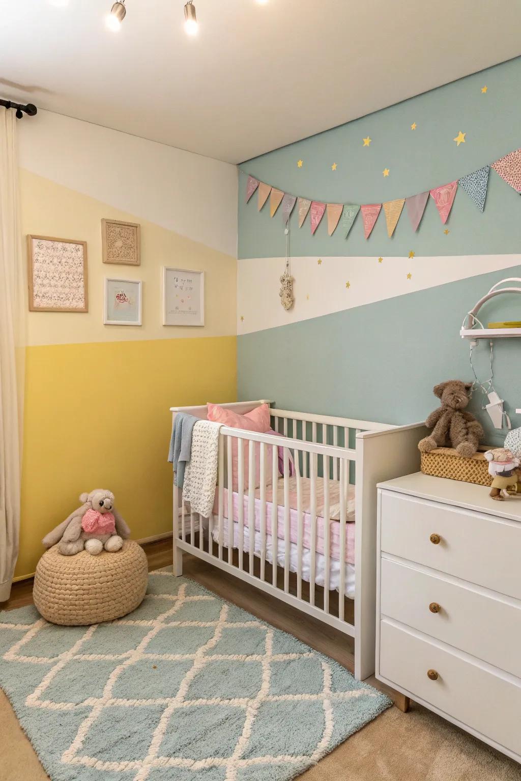 Two-toned walls append profundity and visual fascination to a nursery.