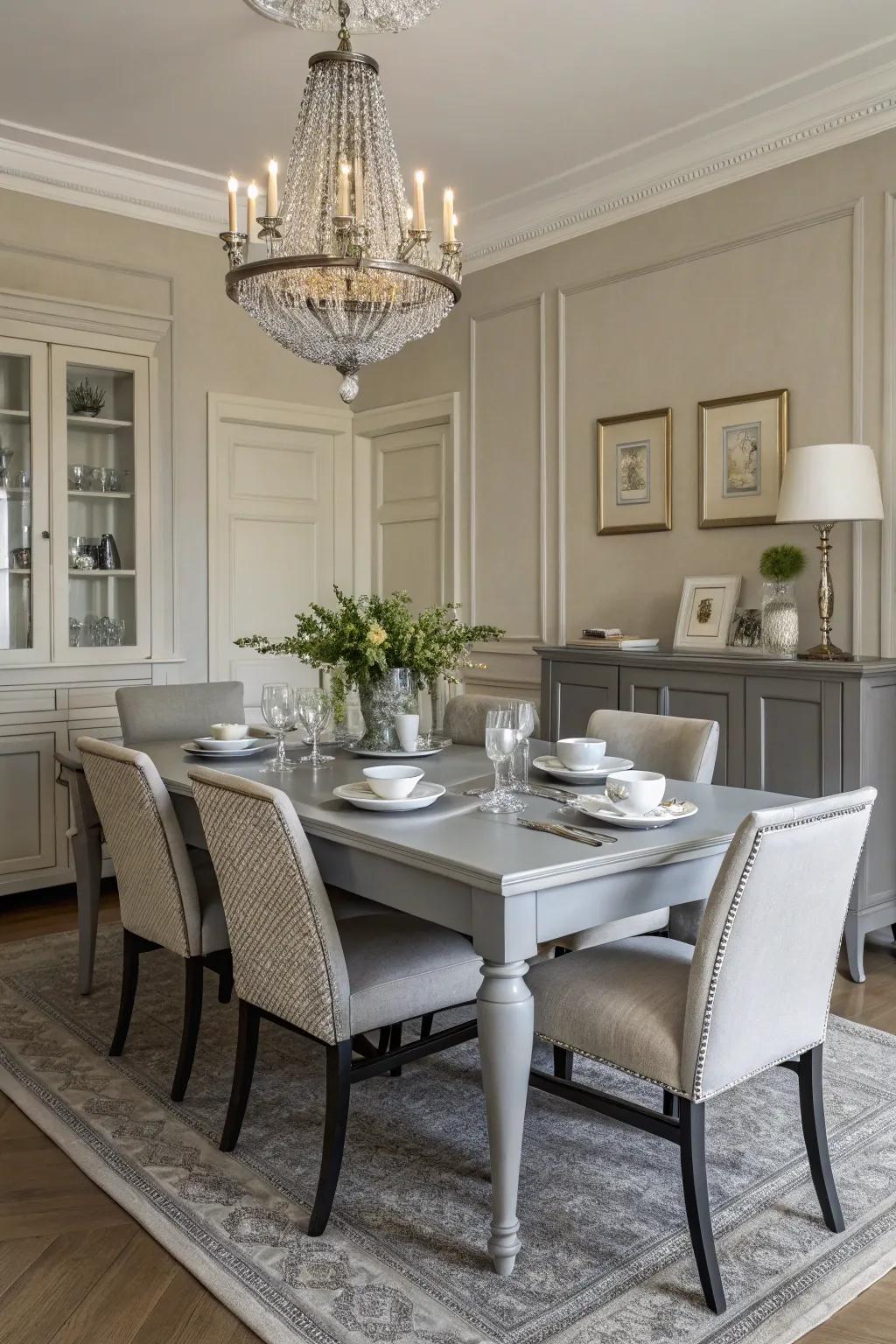 Muted gray introduces subtle grace, enhancing your dining table’s charm.