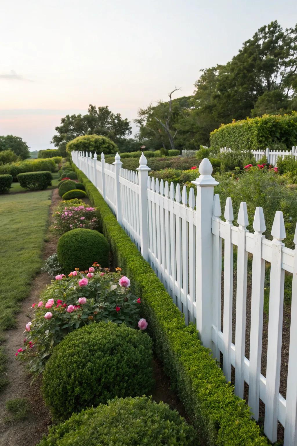 A timeless hue picket fence intensifying the garden's sophistication.
