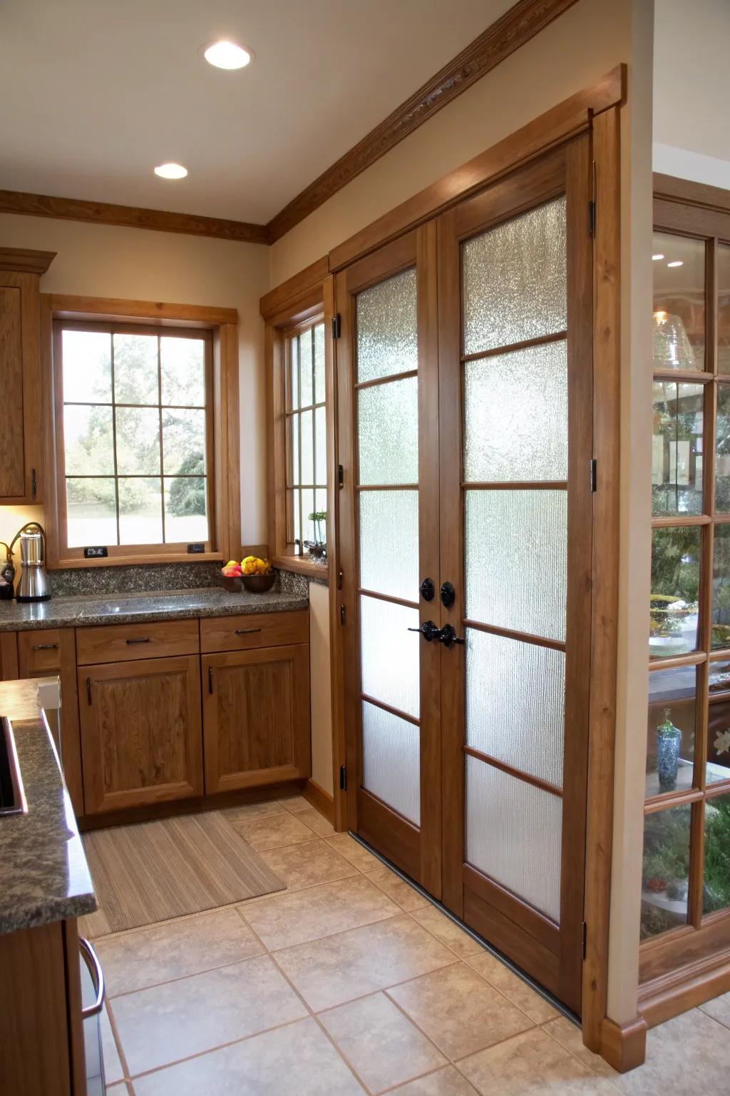 Etched glass entrances afford seclusion with a contemporary vanguard.