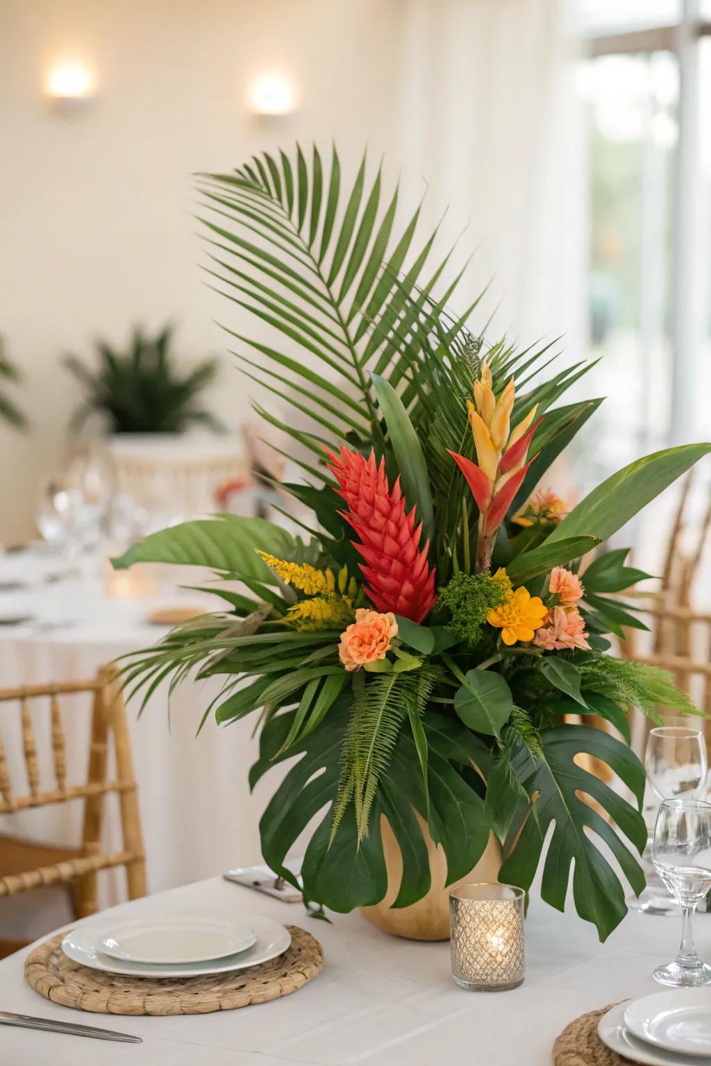 A thematic, tropical centerpiece incorporating palm leaves.