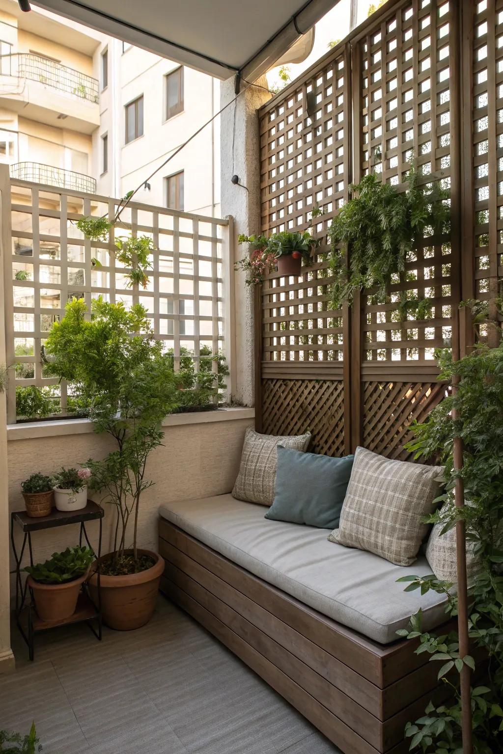 Lattice panels create a cozy seating nook for a tranquil retreat.