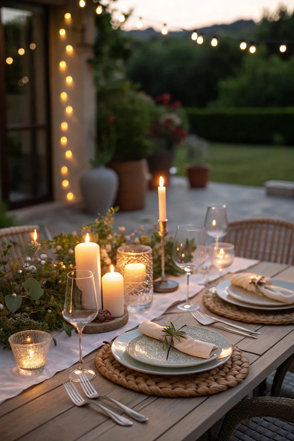 Wax tapers append a romantic and serene radiance to intimate patio assemblages.
