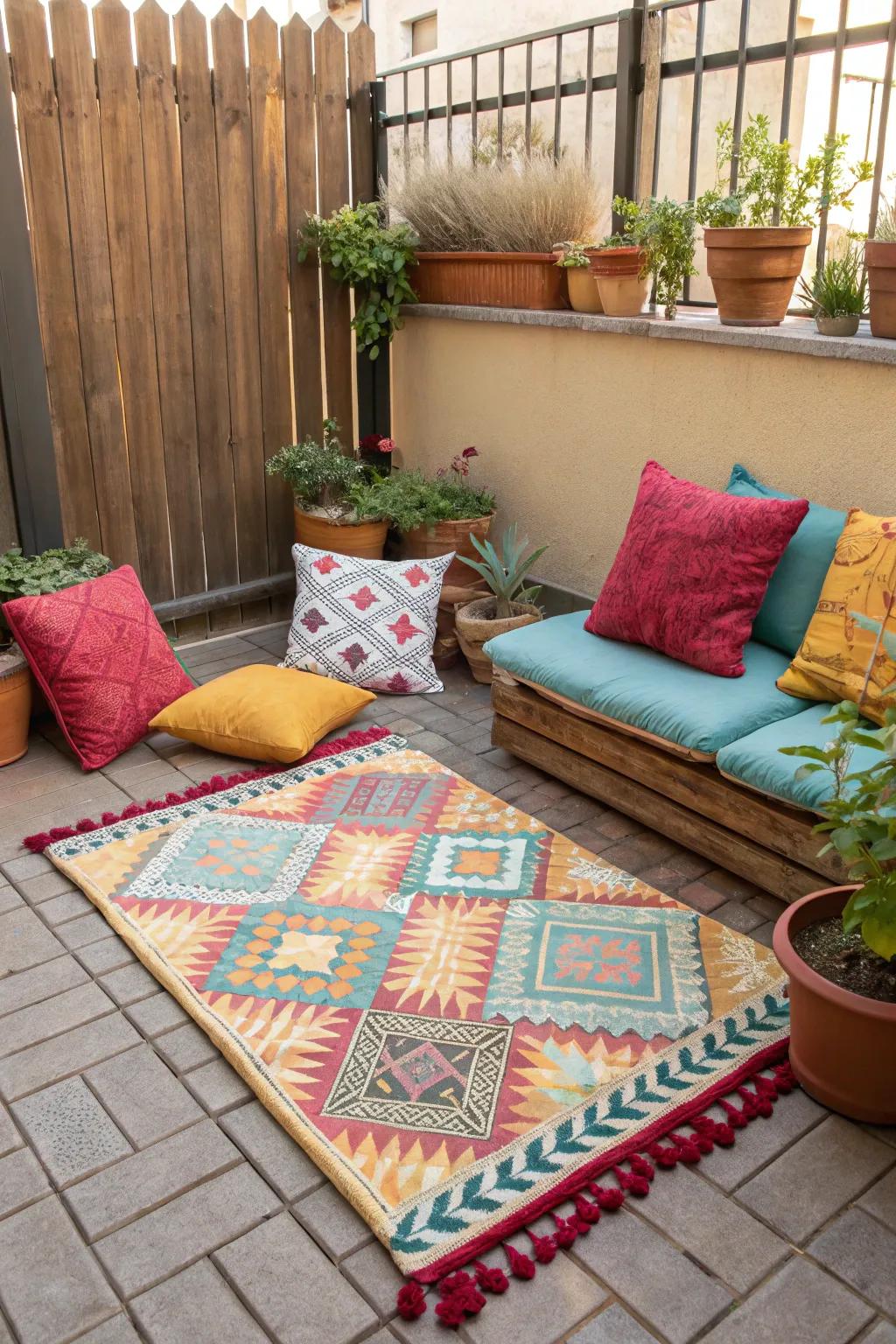 Ornamental accents introduce color and ease to a patio arrangement.