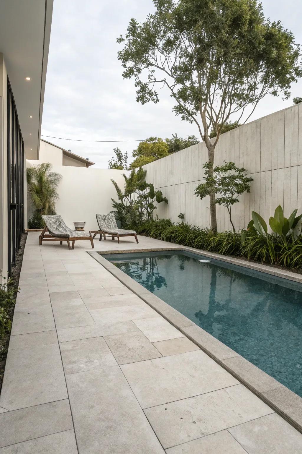 A minimalist style with elegant pavers offers a timeless elegance.