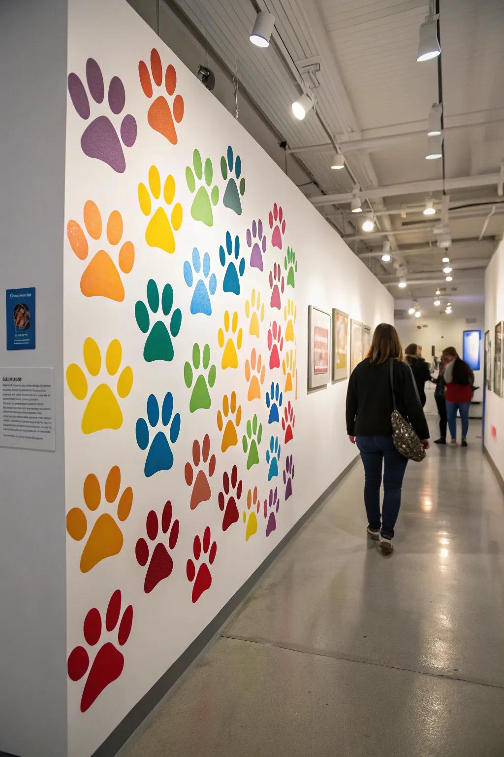 Contemporary art wall painting showcasing vibrant pet paw impressions.