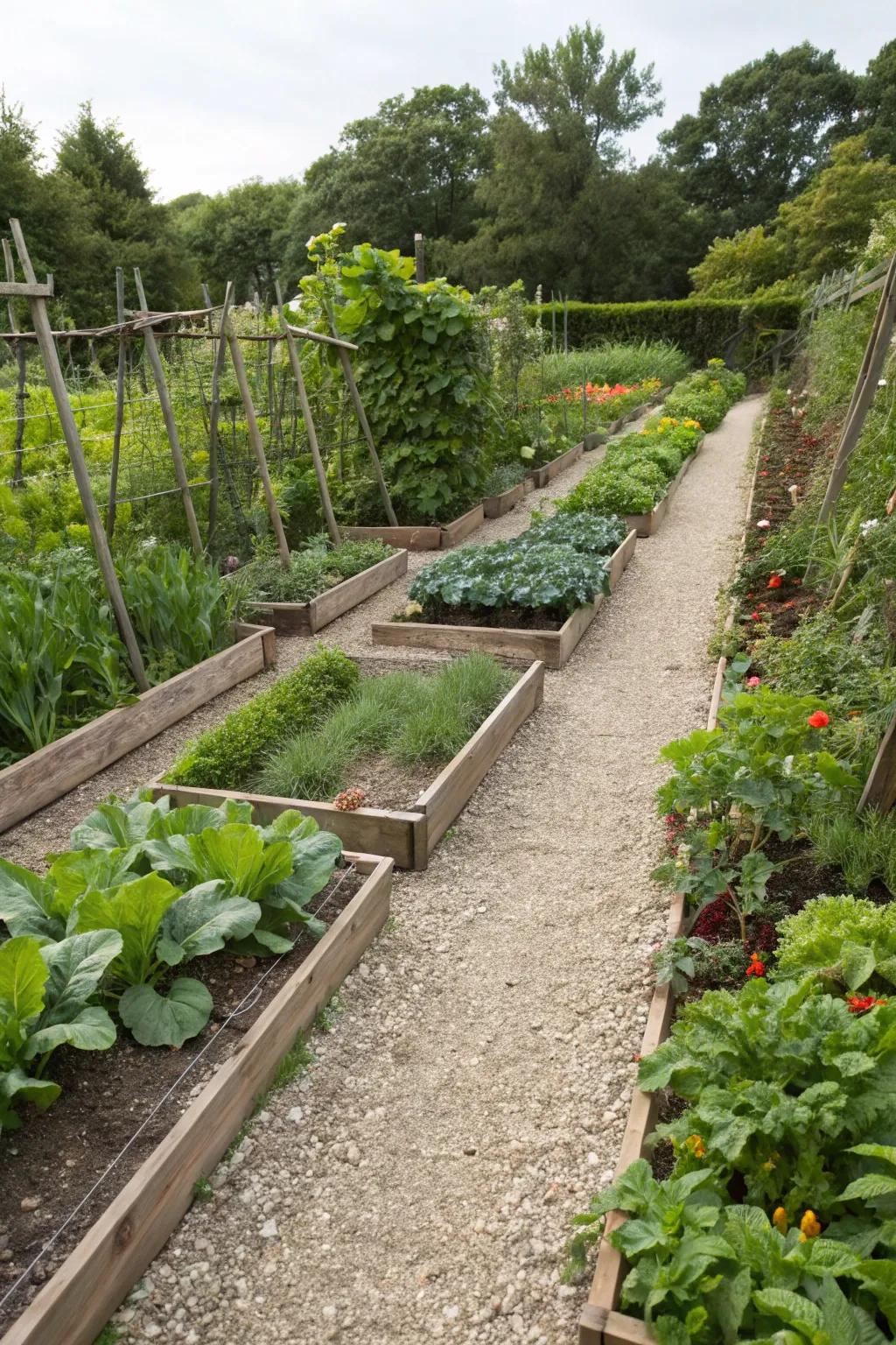 Elevate your vegetable garden using pea gravel paths.