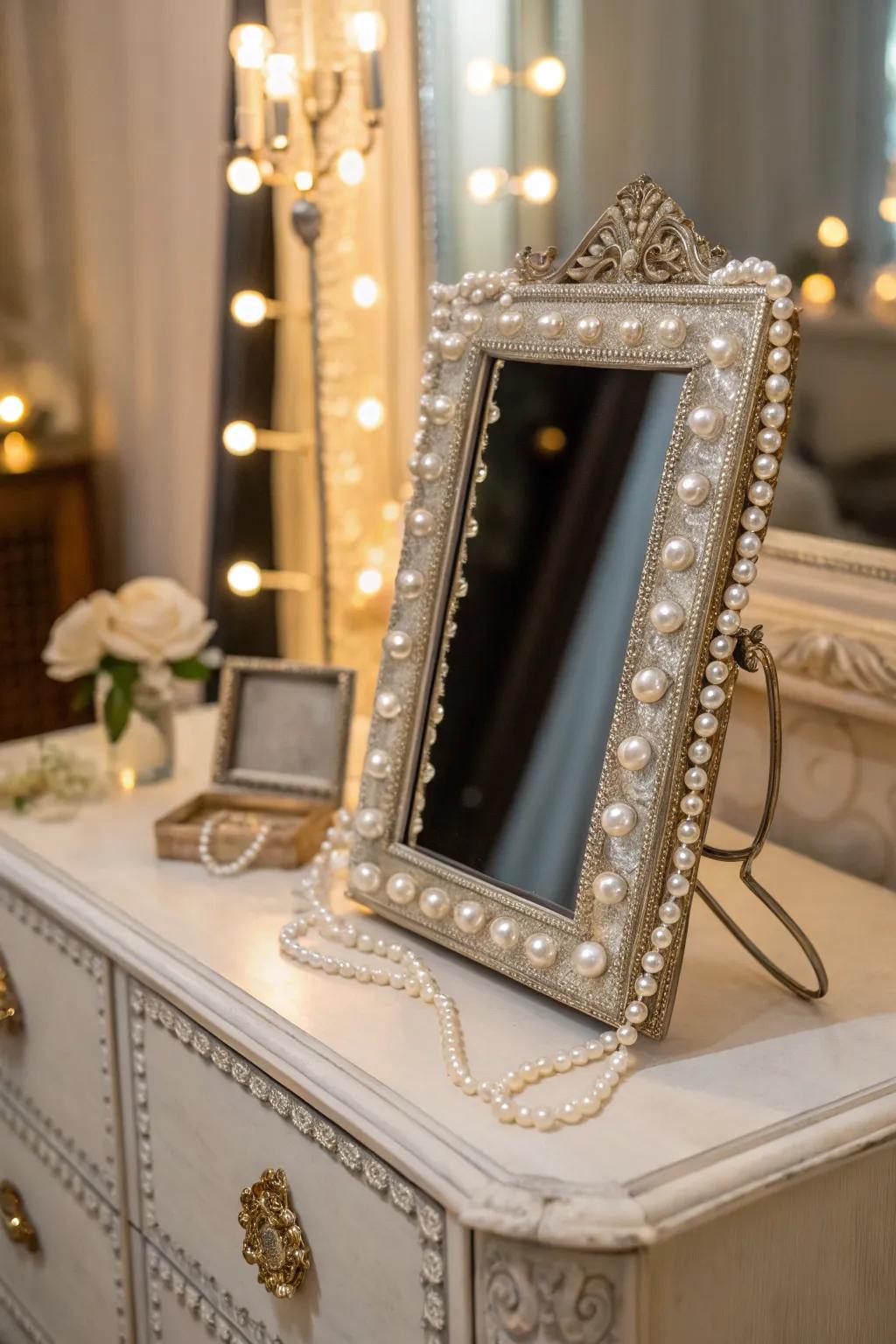 Introduce vintage glamour to your looking glasses with pearl enhancements.