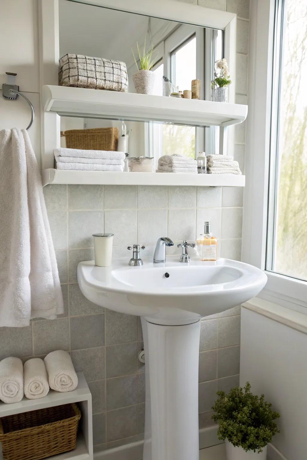Floating shelves maintain a light and spacious design.
