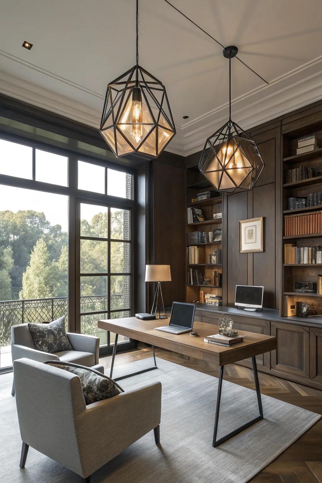 Geometrical pendants append a modern deviation to any particular quarter.