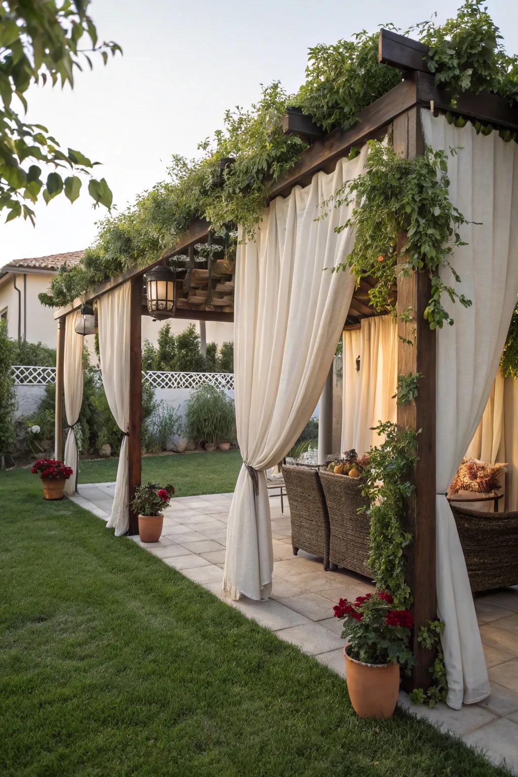 Outdoor curtains furnish versatile shade and privacy.