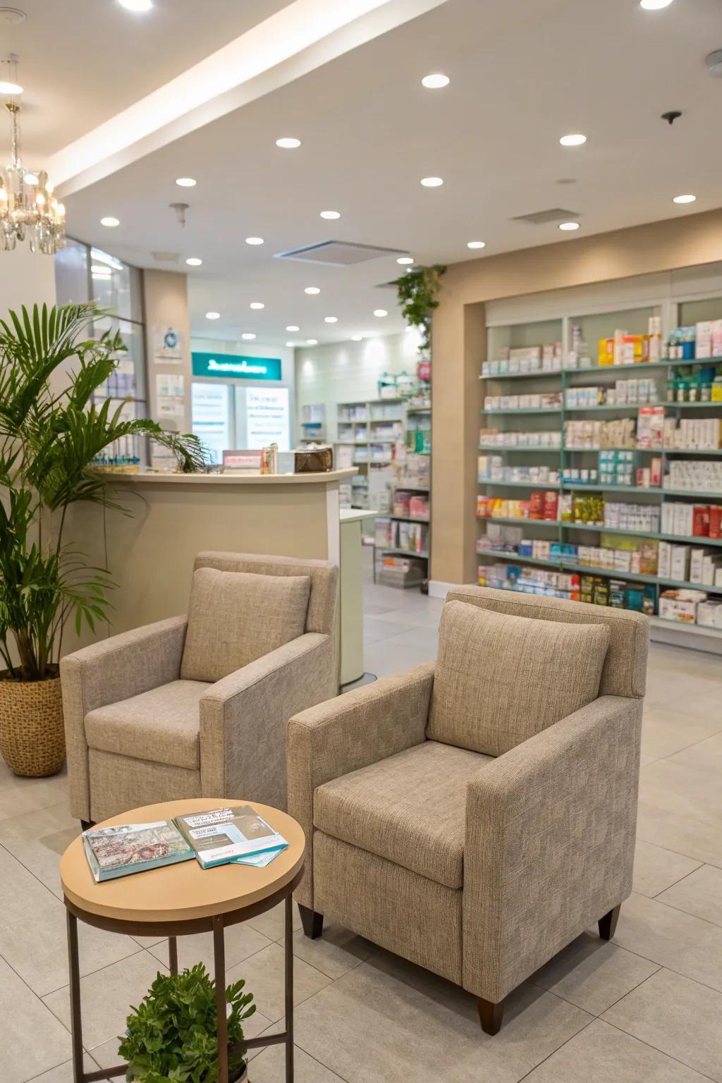 A comfortable relaxation area designed for pharmacy customers