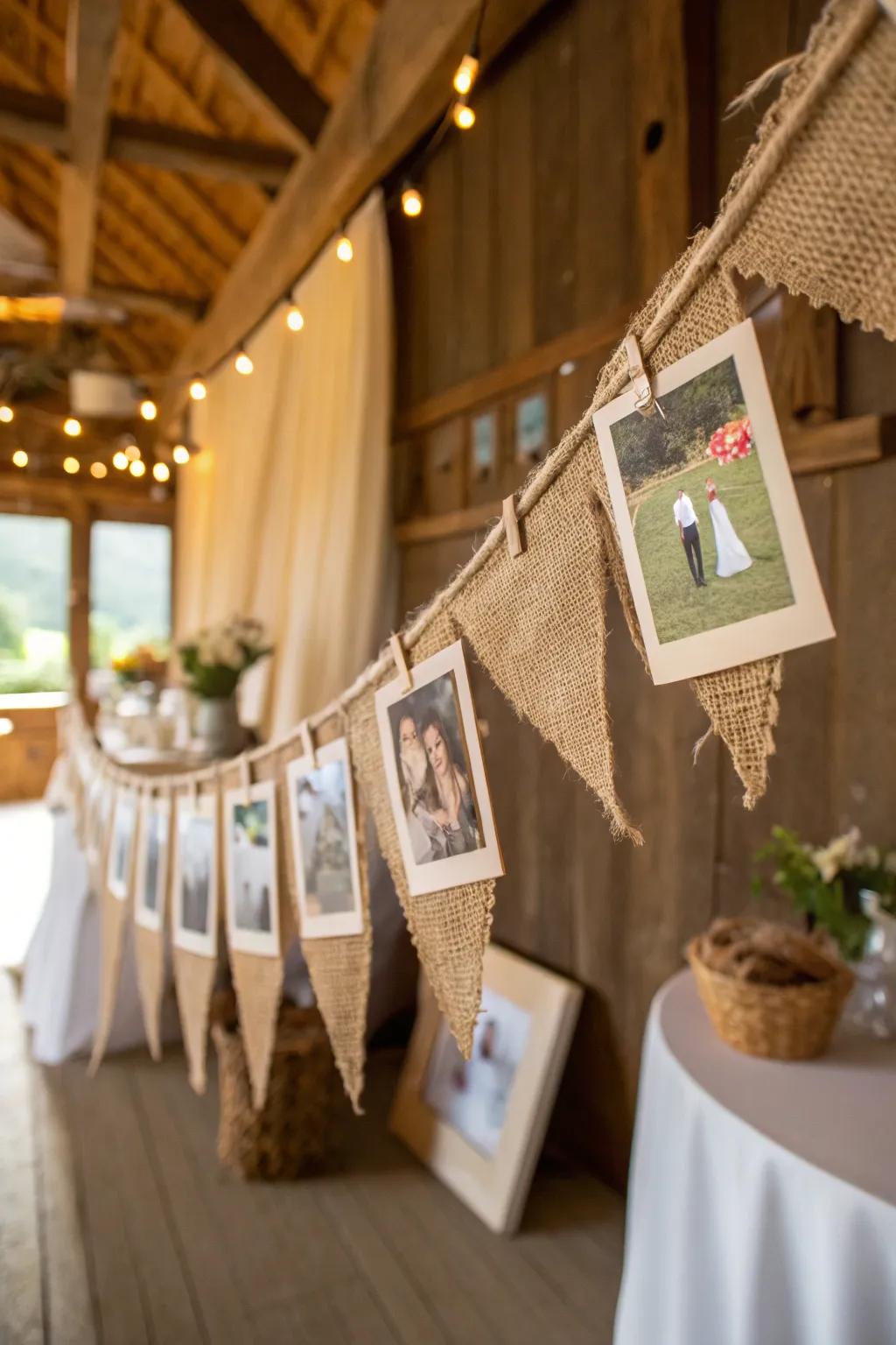 A country charm photo banner employing burlap and twine.