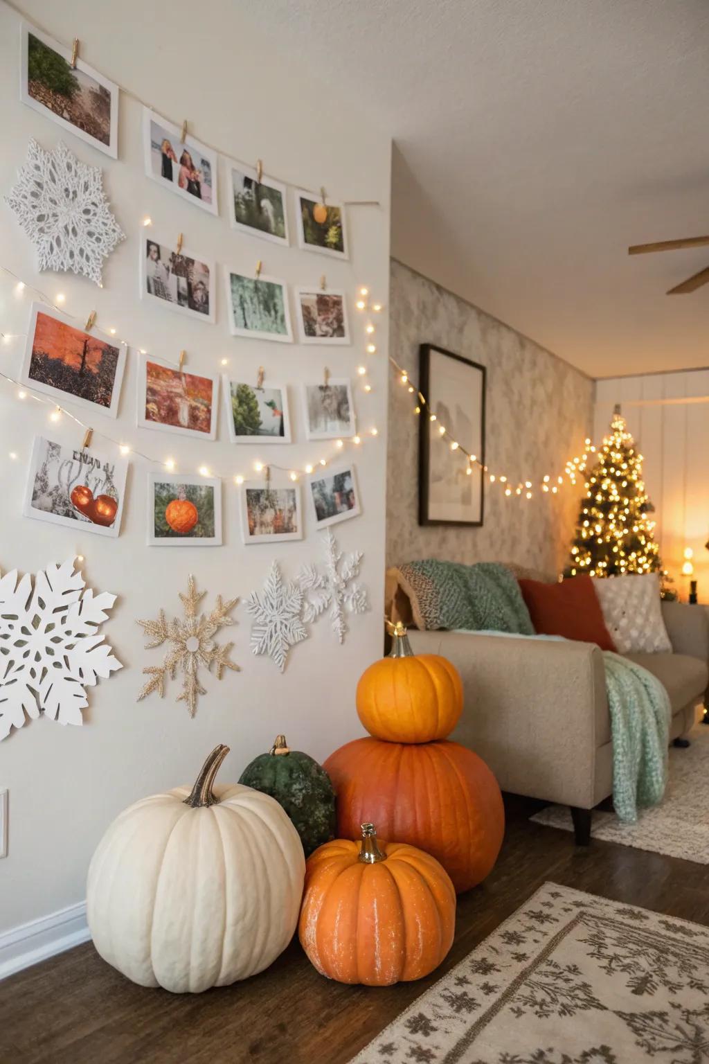 A seasonal photographic partition showcasing autumnal gourds and winter snowflakes, ensuring a perpetually current aesthetic.