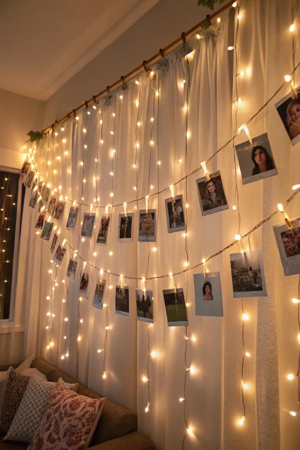 A curtain of lights and photographs injects a dreamy essence.