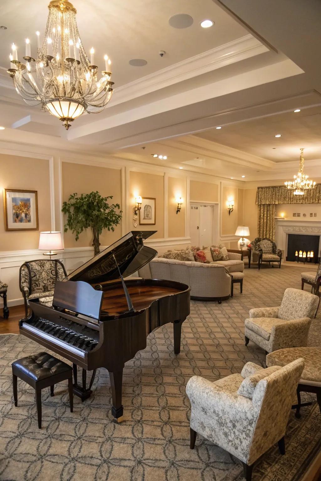 A versatile piano room that accommodates music and social interactions.