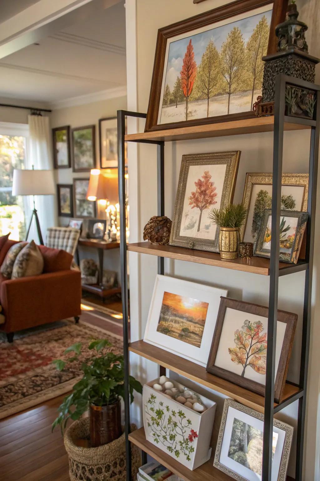 Picture ledges with seasonal artwork for dynamic decor.