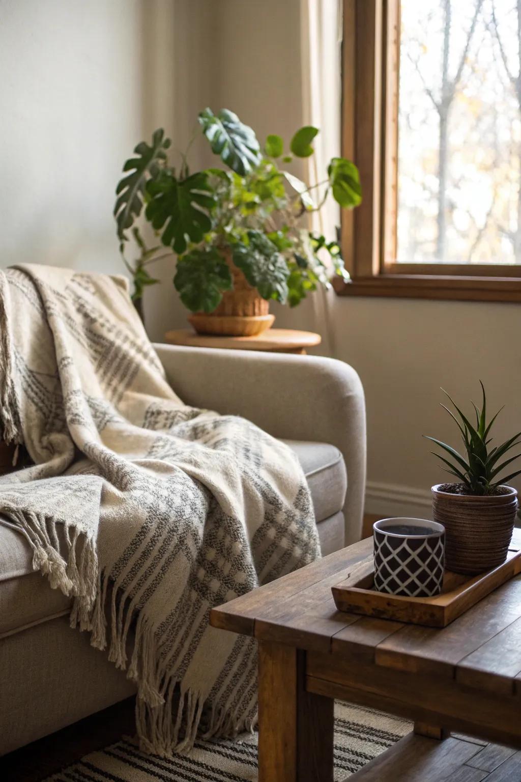 A throw accented with natural elements like a potted plant and wooden decor.