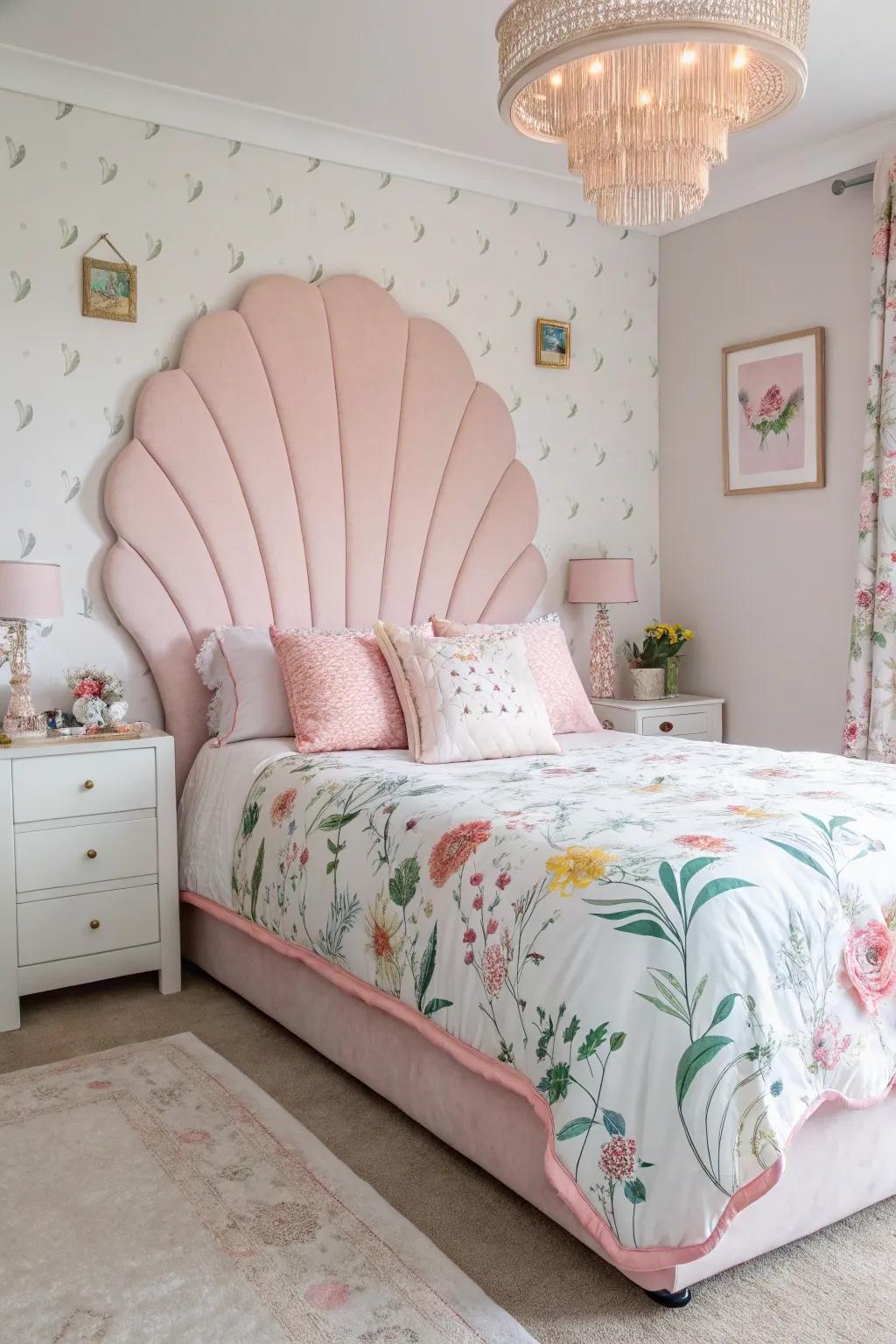 A spirited and whimsical space featuring a scalloped pink headboard.