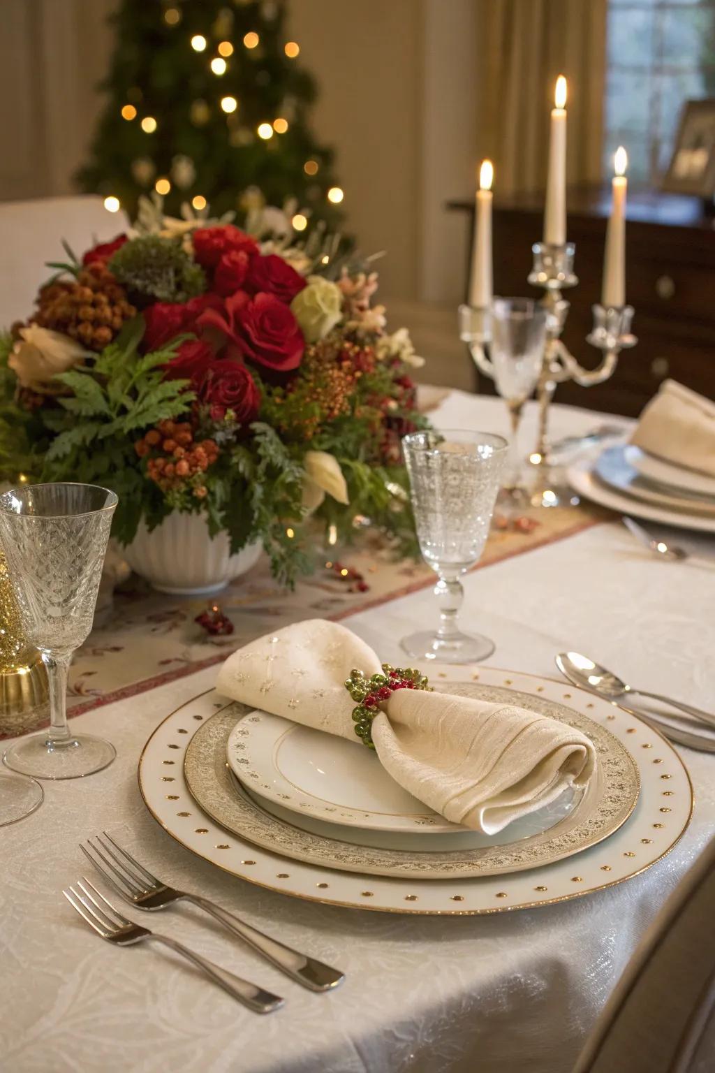 Form an elegant platform arrangement using festive touches for your holiday meals.