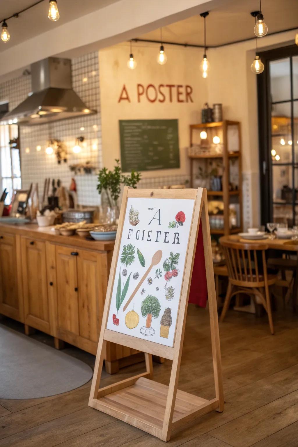 A humorous print featuring witty text, eliciting joy in a cozy culinary space.