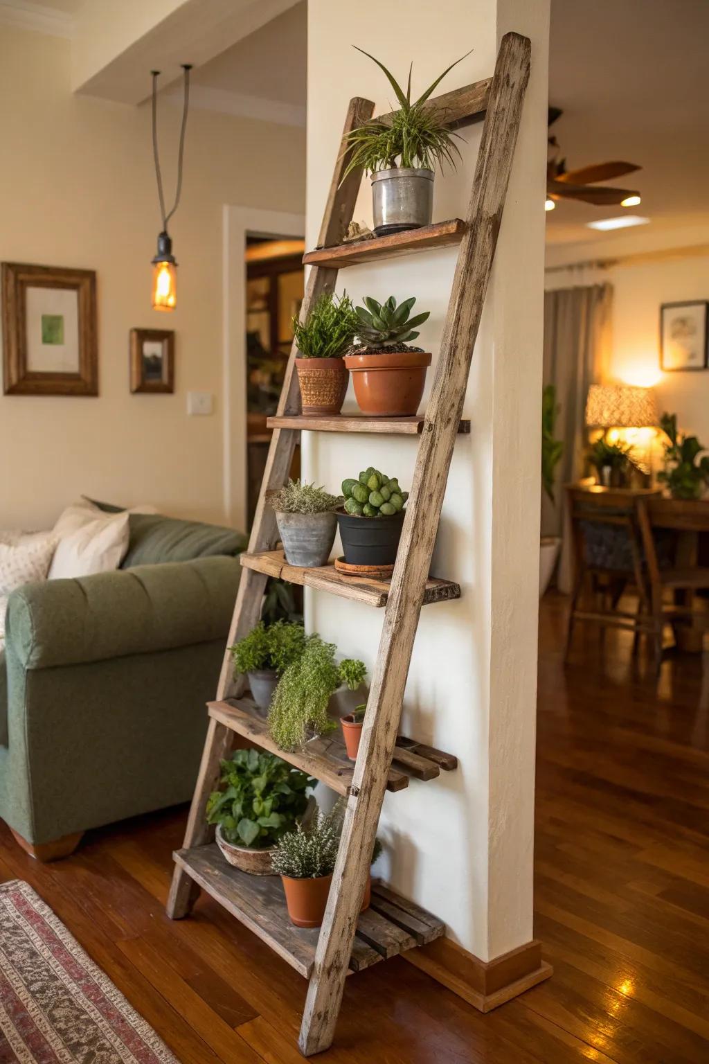A ladder plant display providing vertical appeal and varied tiers.