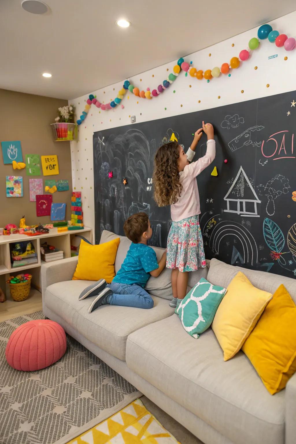 A creative playroom showcases a chalkboard fabric seating arrangement.