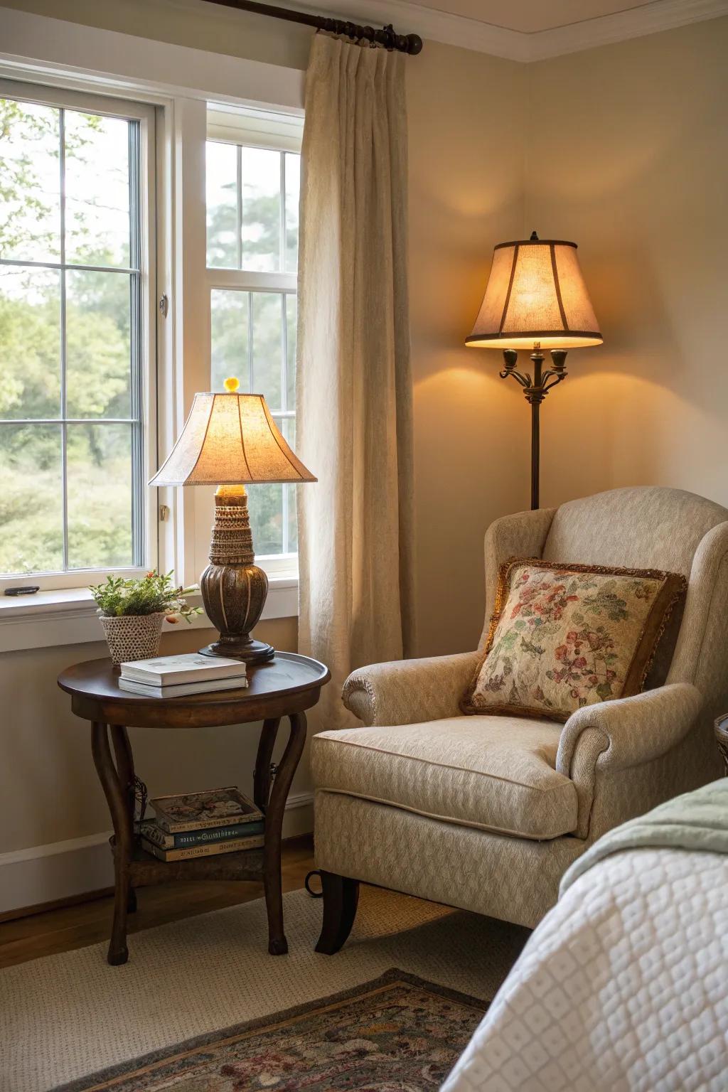 A small reading spot adds personal peace to a rich bedroom.