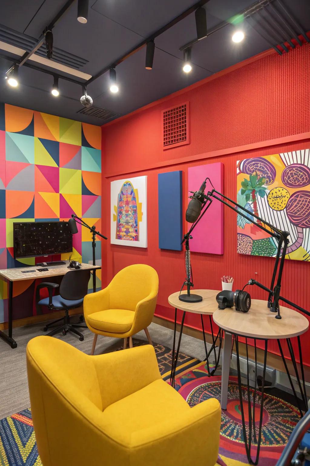 A podcast studio energized through daring hues.