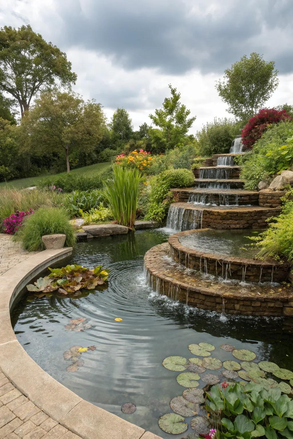 A multi-level pond imparts profundity and intrigue to the garden scenery.
