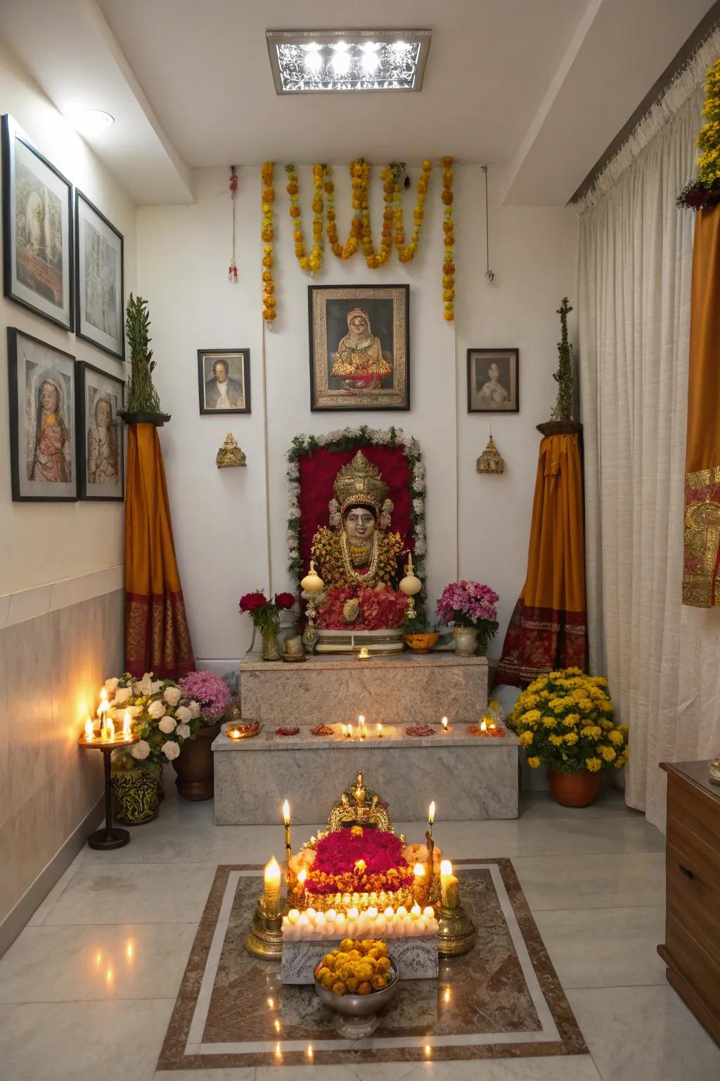 Deity idols take center stage, concentrating the spiritual energy of this pooja room.