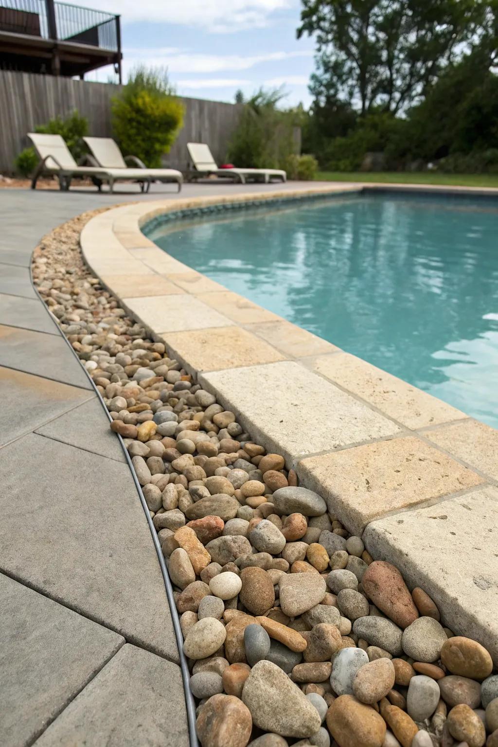 Pebble borders add texture and charm to poolside areas.