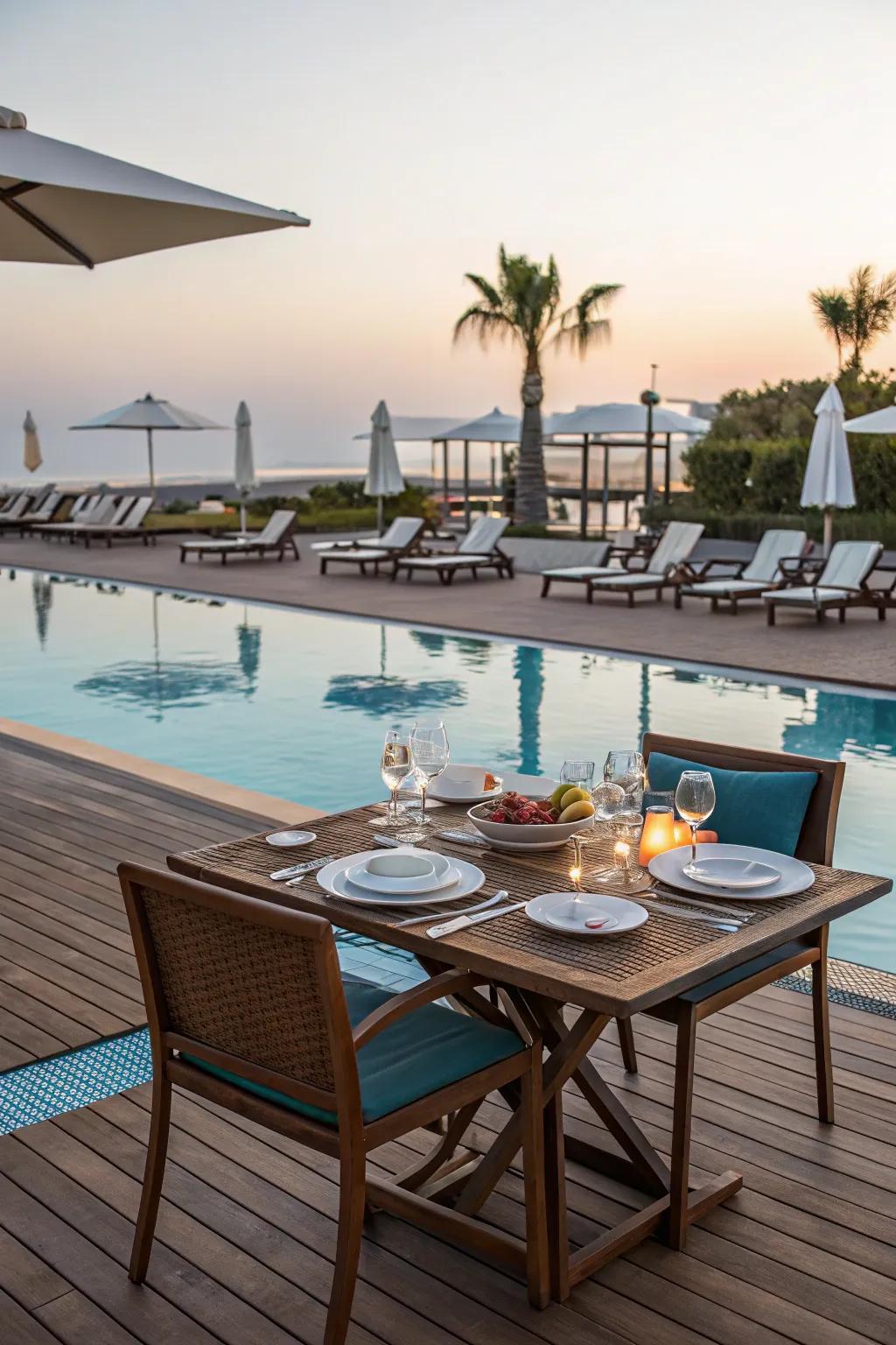 Savor al fresco dining with a poolside catering setup.