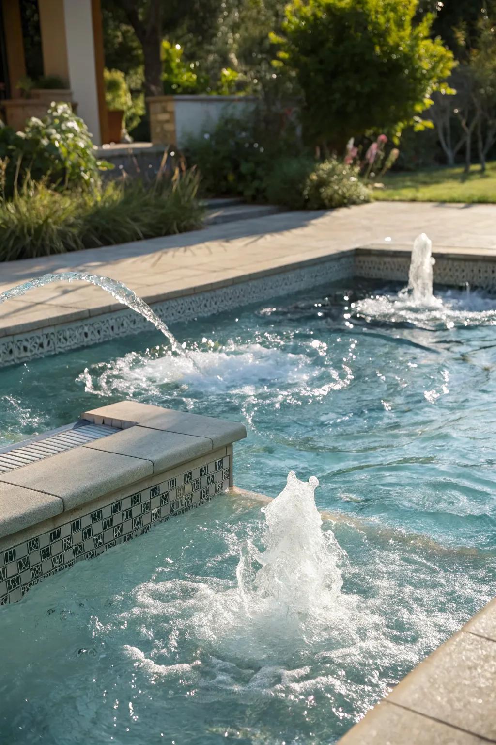 A swimming pool equipped with fizzing fluid components establishing a fanciful impression.