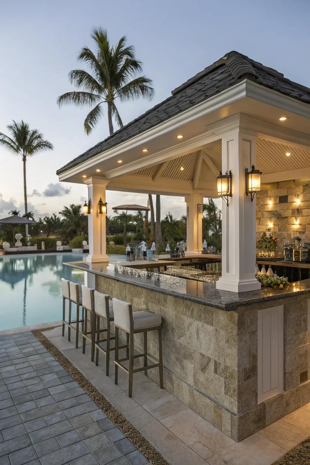 A bar shelter with counter arrangement is the quintessential spot for poolside drinks and mingling.