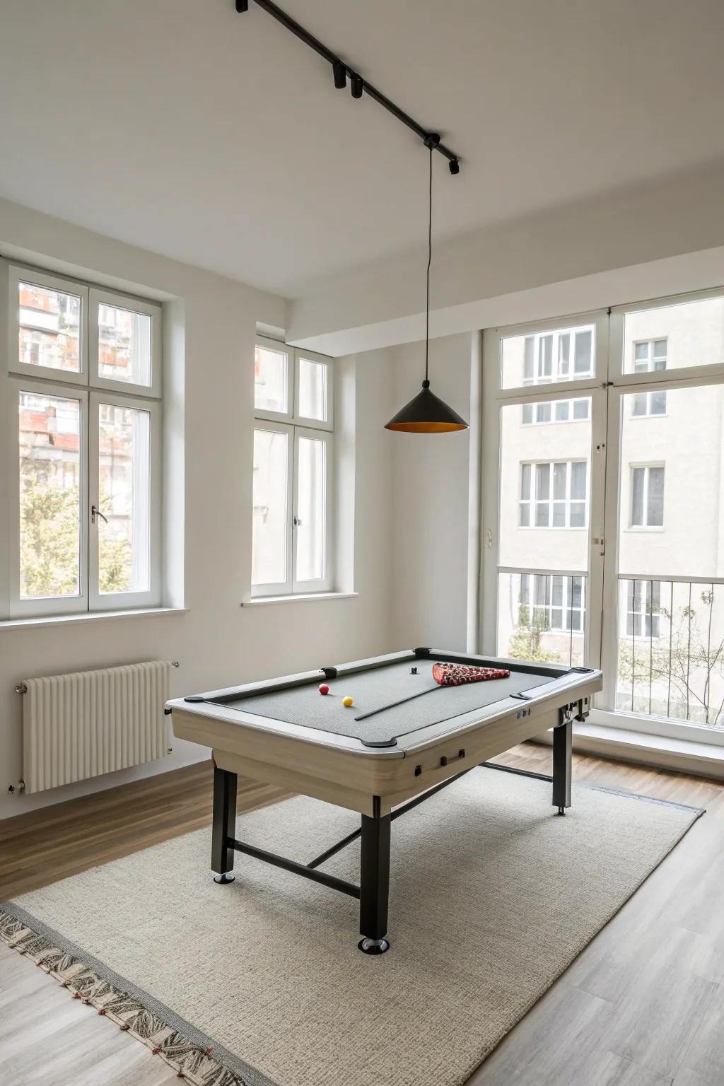 A folding pool table offers flexibility and area-saving benefits in a small room.