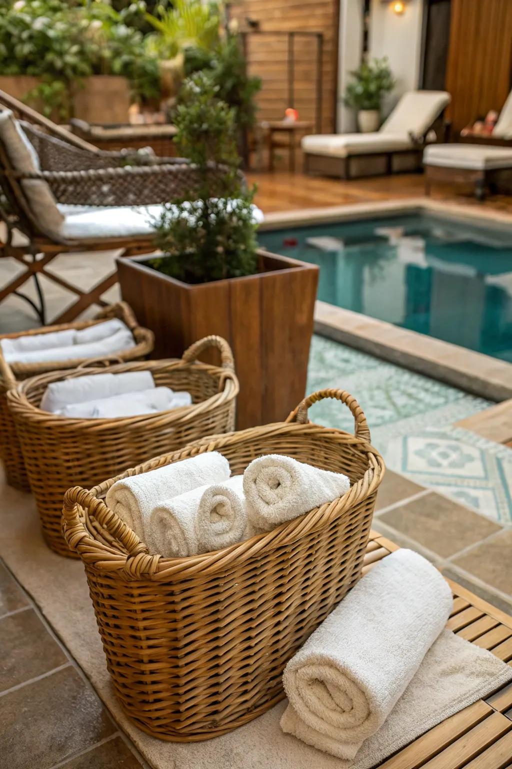 Alluring wicker baskets for storing pool towels.