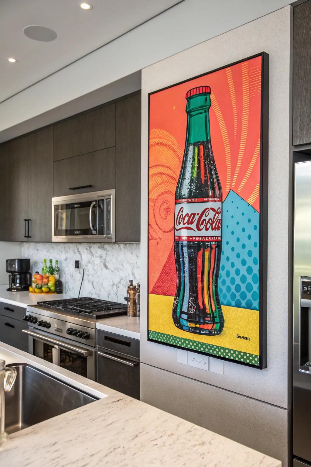 A whimsical art painting of a soda bottle introduces charm to the cooking area.