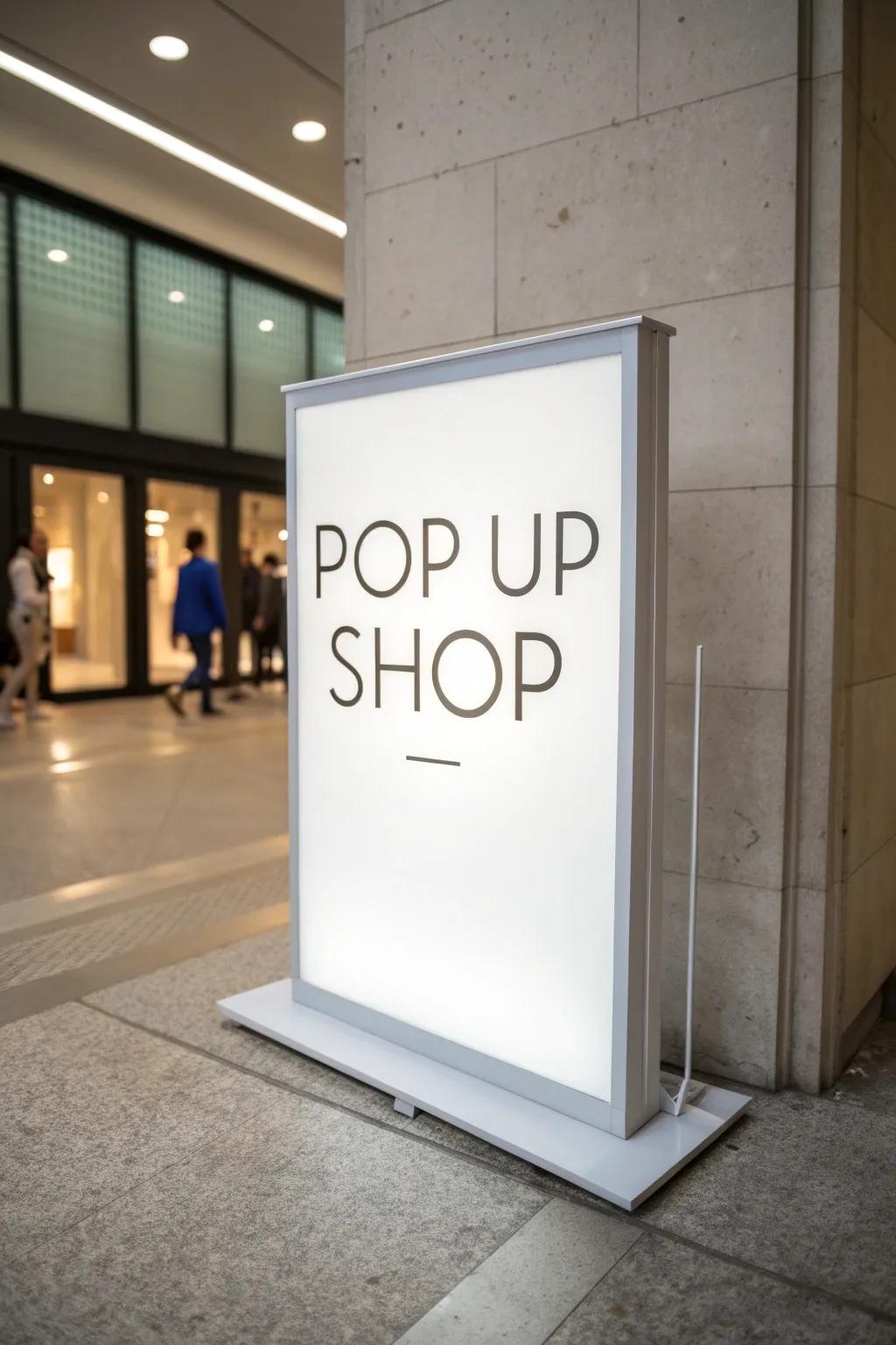 Minimalist sign that exudes polish and lucidity at a pop-up boutique.