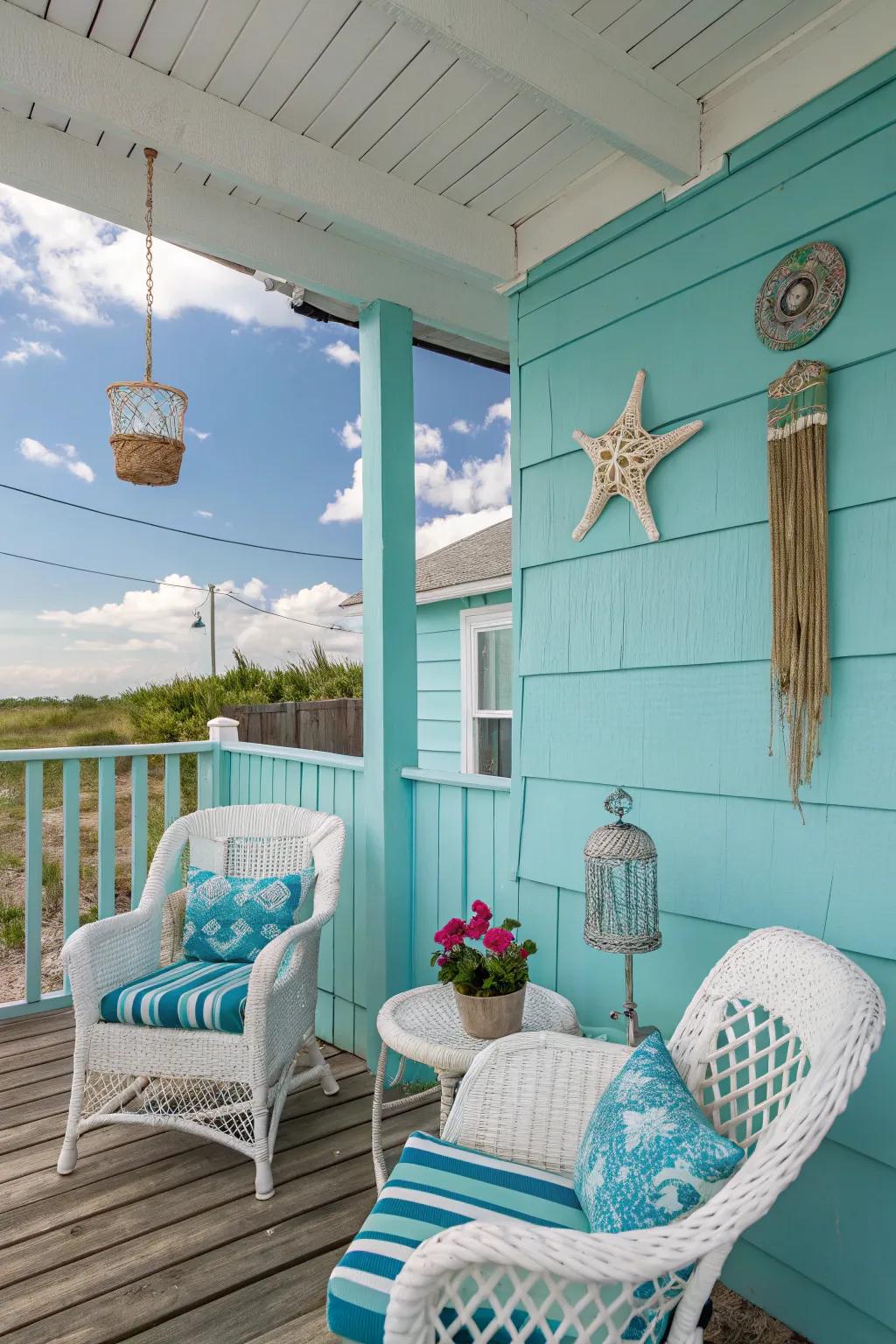 A coastal-inspired aquamarine porch that embodies the essence of seaside relaxation.