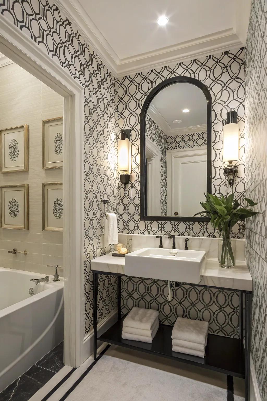 Refined monochrome designs form a lavish and timeless guest bathroom.