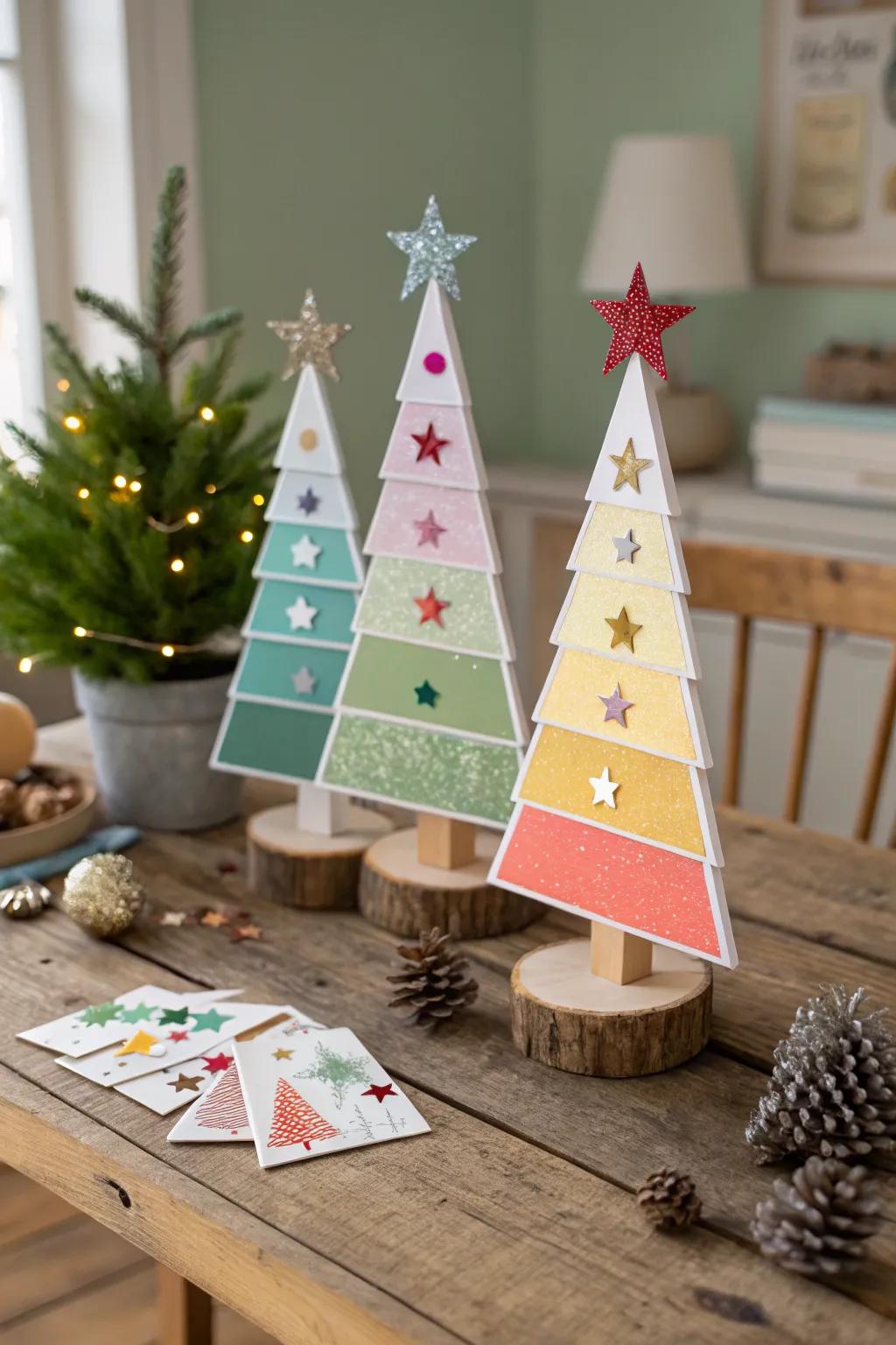 Earth-conscious adhesive swatch trees, imparting color and inventiveness to holiday decor.