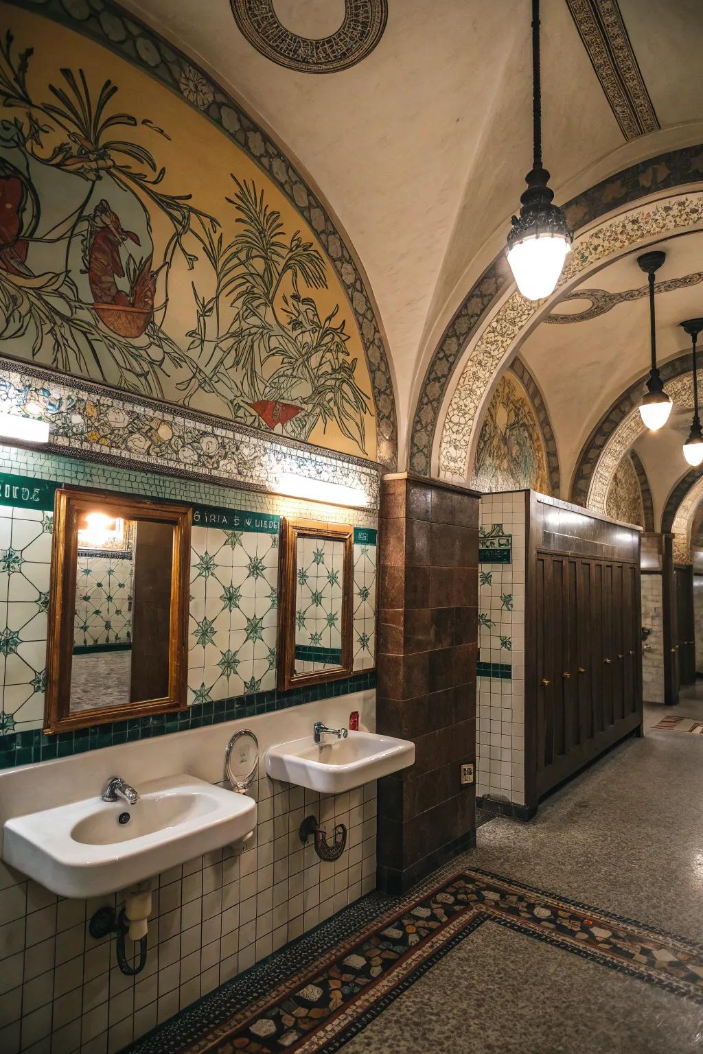 Artistic touches contribute memorable visual appeal to public restrooms.