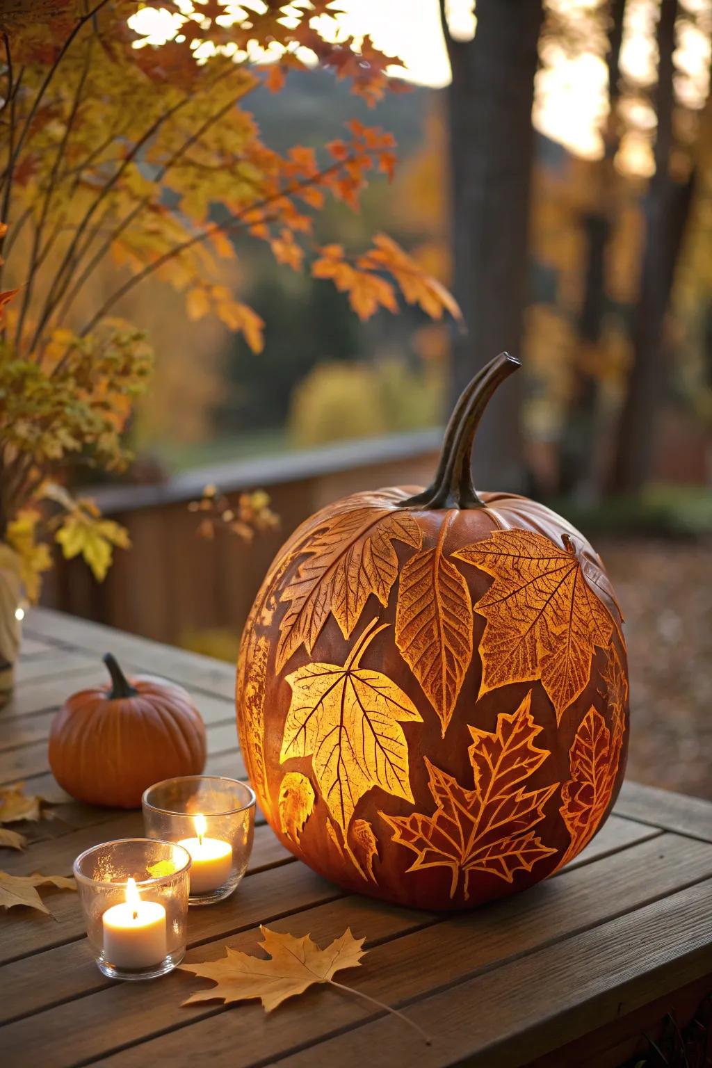 An autumnal foliage-inscribed pumpkin that introduces seasonal warmth to your décor.