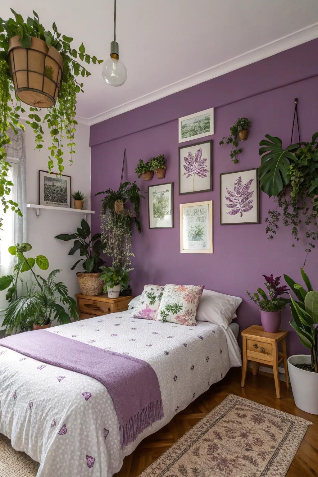Botanical touches enhance a purple-themed bedroom.