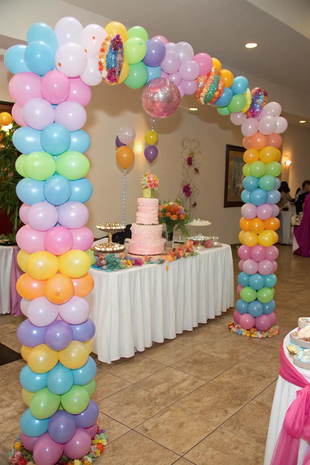 Balloon uprights elegantly enframe the confection display.