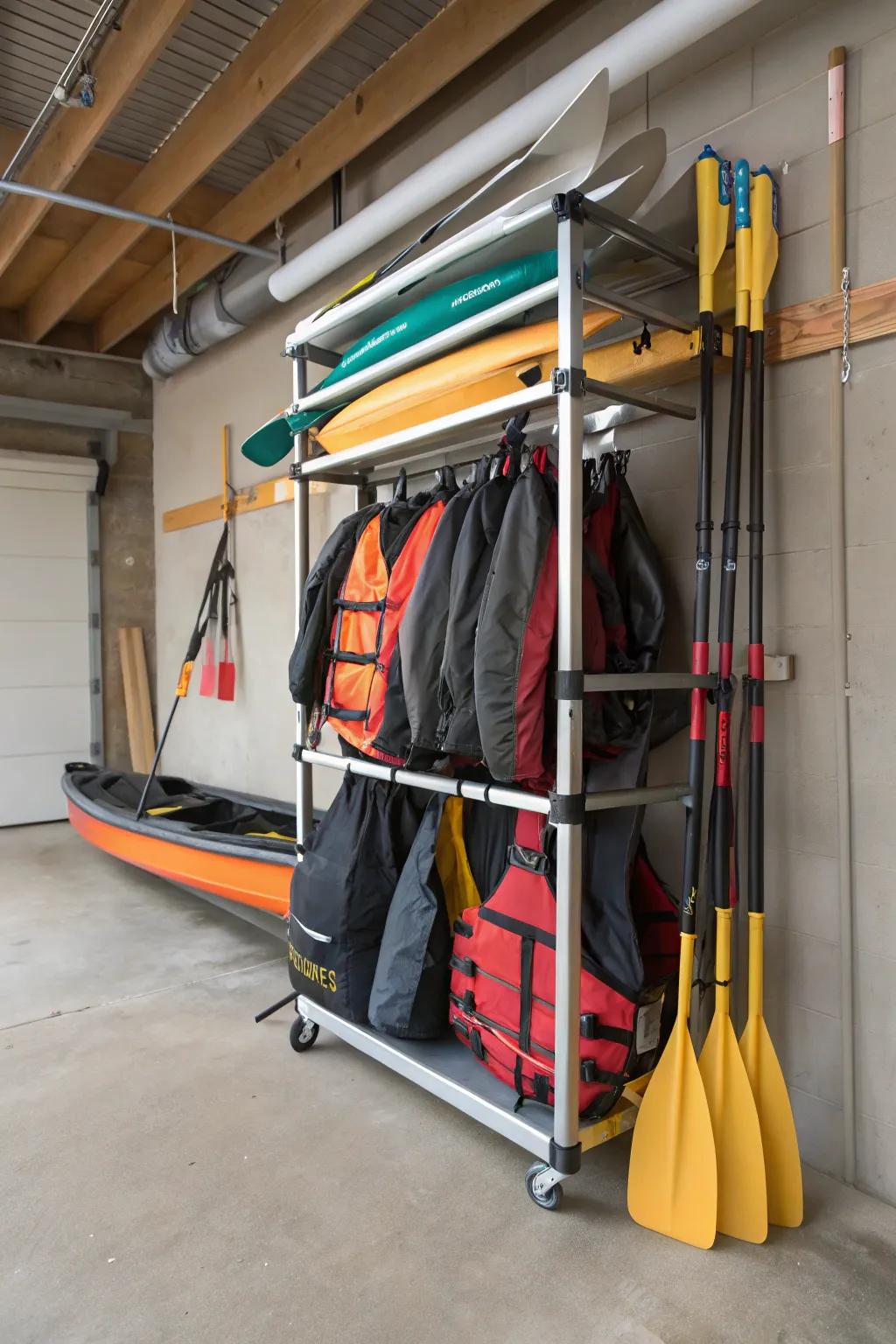A versatile rack organizes your watercraft and accessories effortlessly.