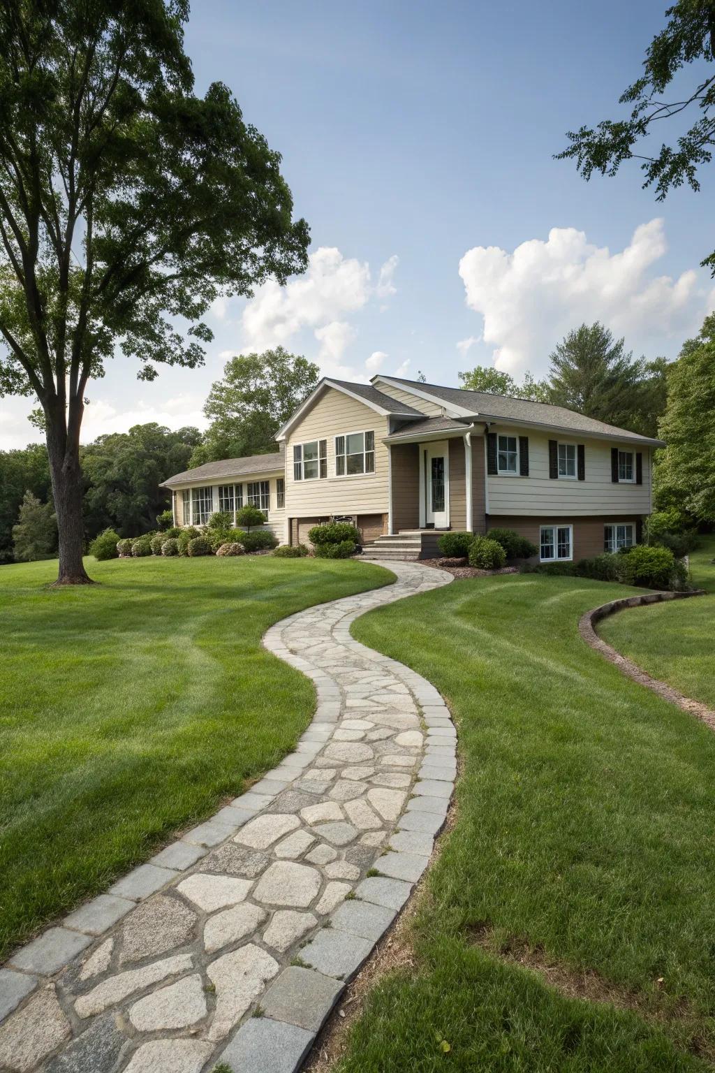 An artful stone walkway directing to the welcoming ingress of a raised ranch.