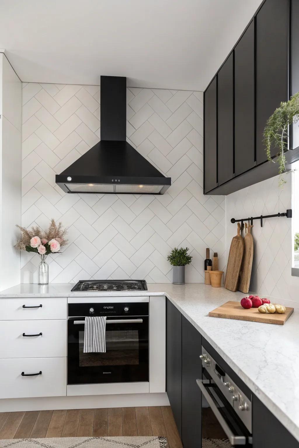 Minimalist kitchen design presenting a monochrome vent hood and coordinated backsplash for a refined atmosphere.